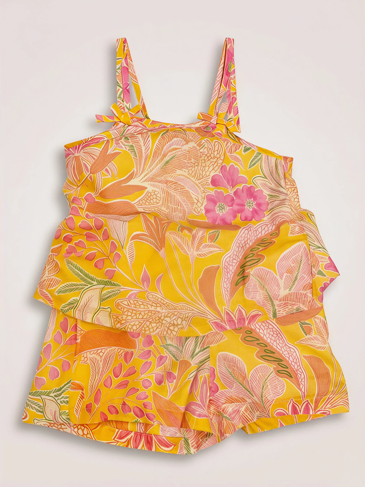 Girls Vibrant Yellow Floral Print Strappy Top and Shorts Set