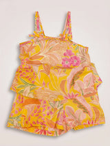Girls Vibrant Yellow Floral Print Strappy Top and Shorts Set