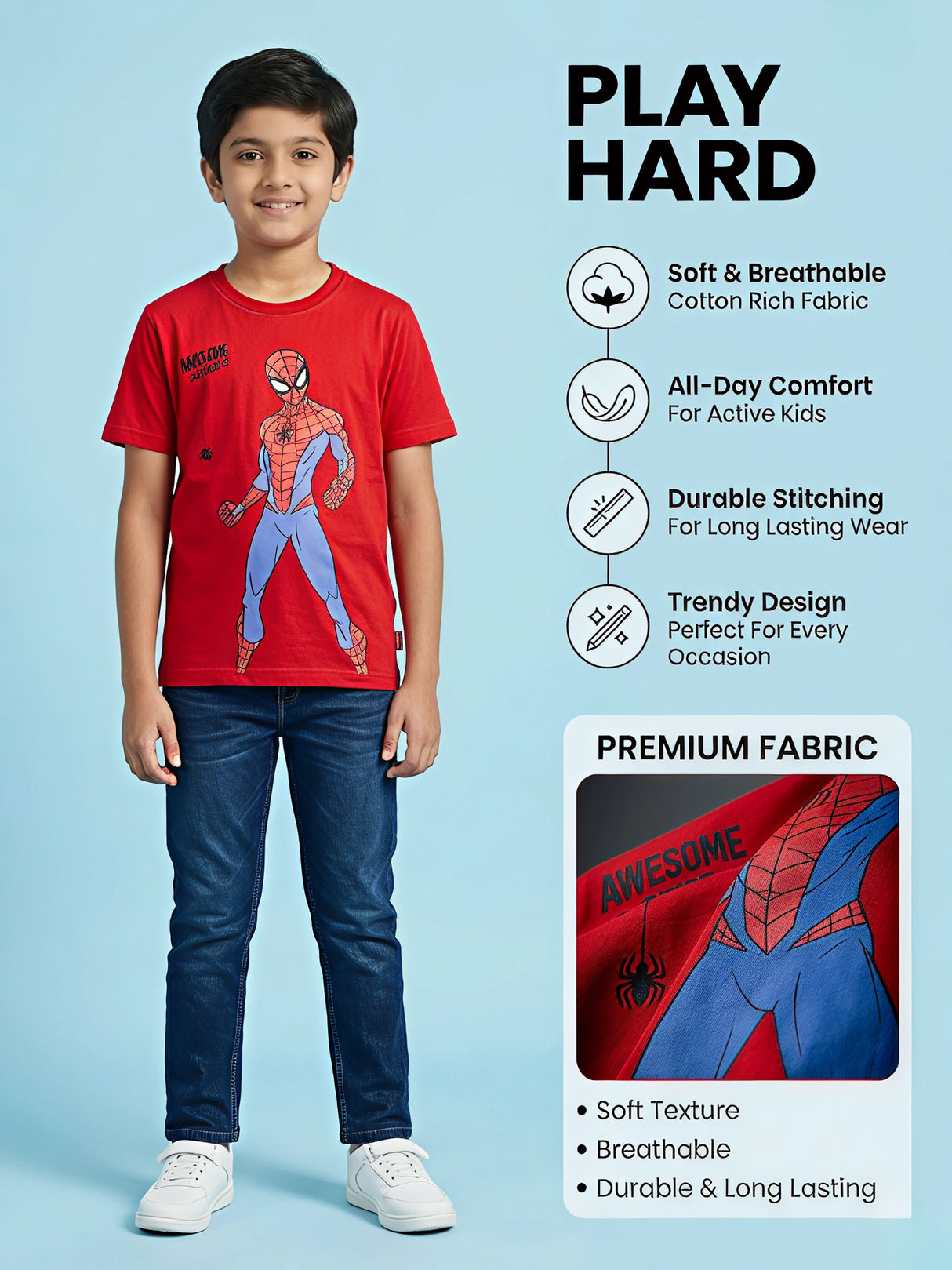 Boys Red Marvel Spider-Man Printed Cotton T-Shirt.