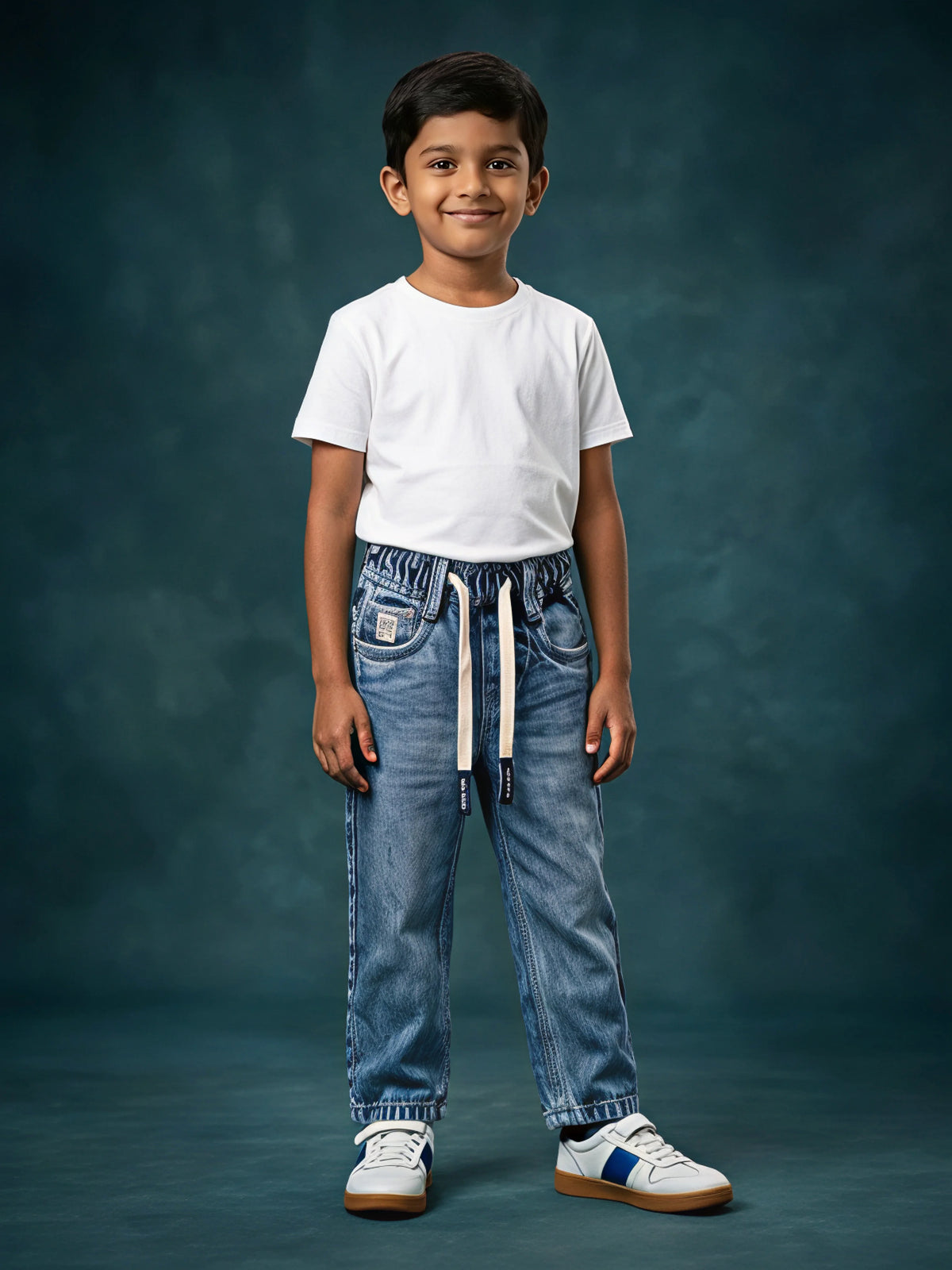 Young boy wearing blue elastic waistband denim jeans with drawstrings and a white t-shirt