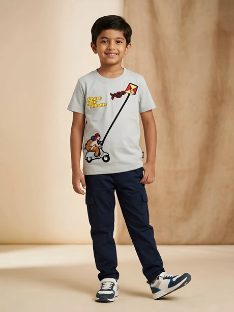 Grey printed t-shirt for boys featuring a chase your dreams graphic and kite design.