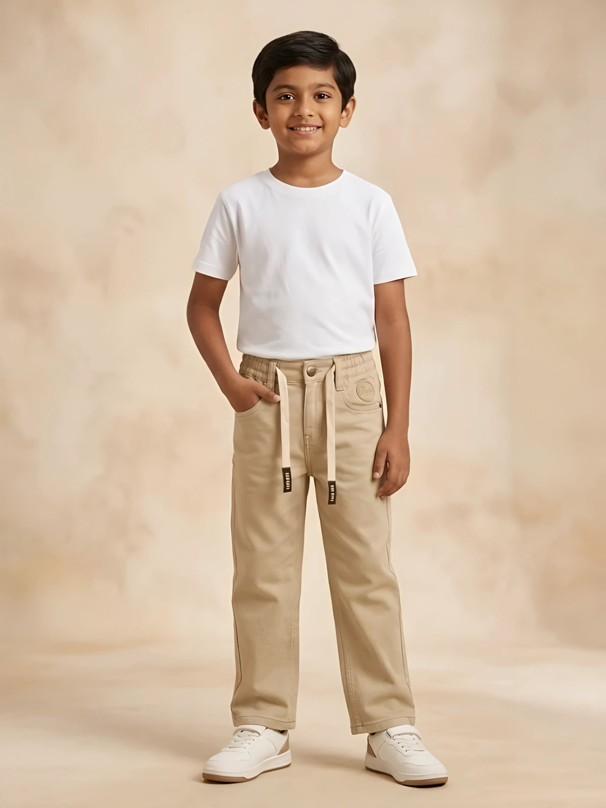 Young boy wearing cream casual pants with elastic drawstring waistband and white t-shirt