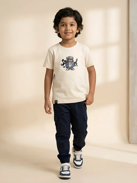 Cream cotton graphic print t-shirt for boys featuring a cool bear design.