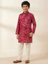 Boys red bandhani print kurta with cream pajama set