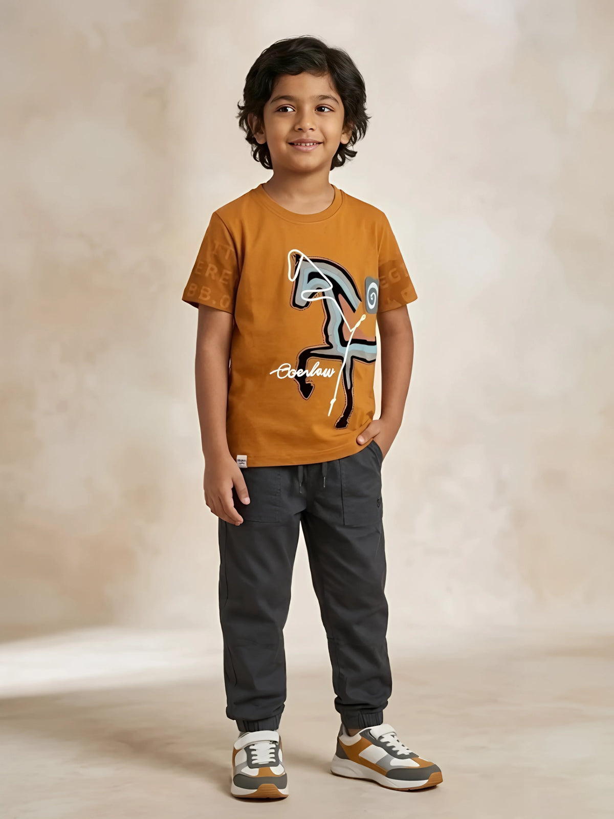 Brown graphic print t-shirt for boys featuring a horse illustration.