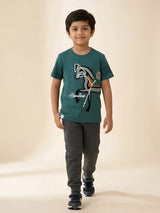 Front view of a green boys t-shirt featuring a stylized horse graphic and print.