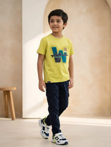 Yellow graphic print t-shirt for boys on a white background