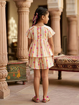 Girls Cream Floral Striped Top & Shorts Set