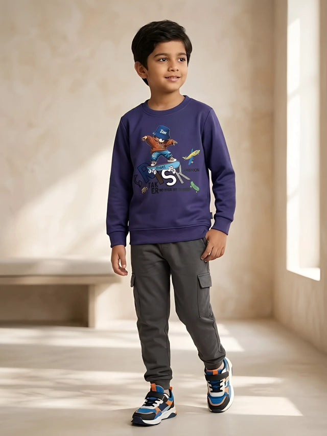 Purple bear graphic print t-shirt for boys on a white background