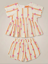 Girls Cream Floral Striped Top & Shorts Set