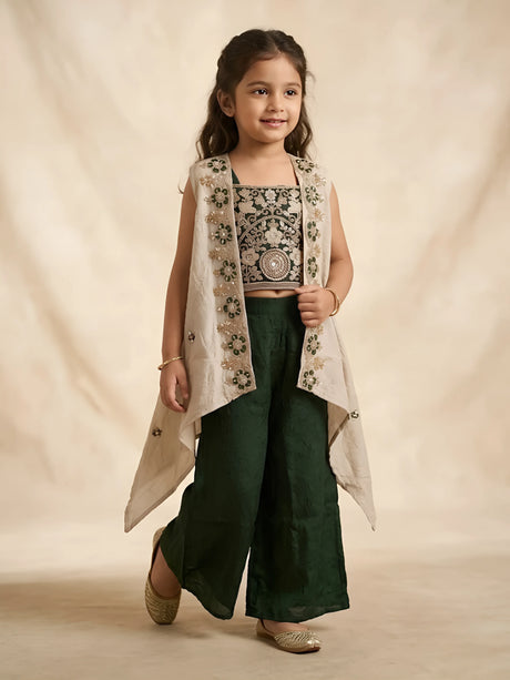 Green floral embroidered palazzo set with matching dupatta for girls