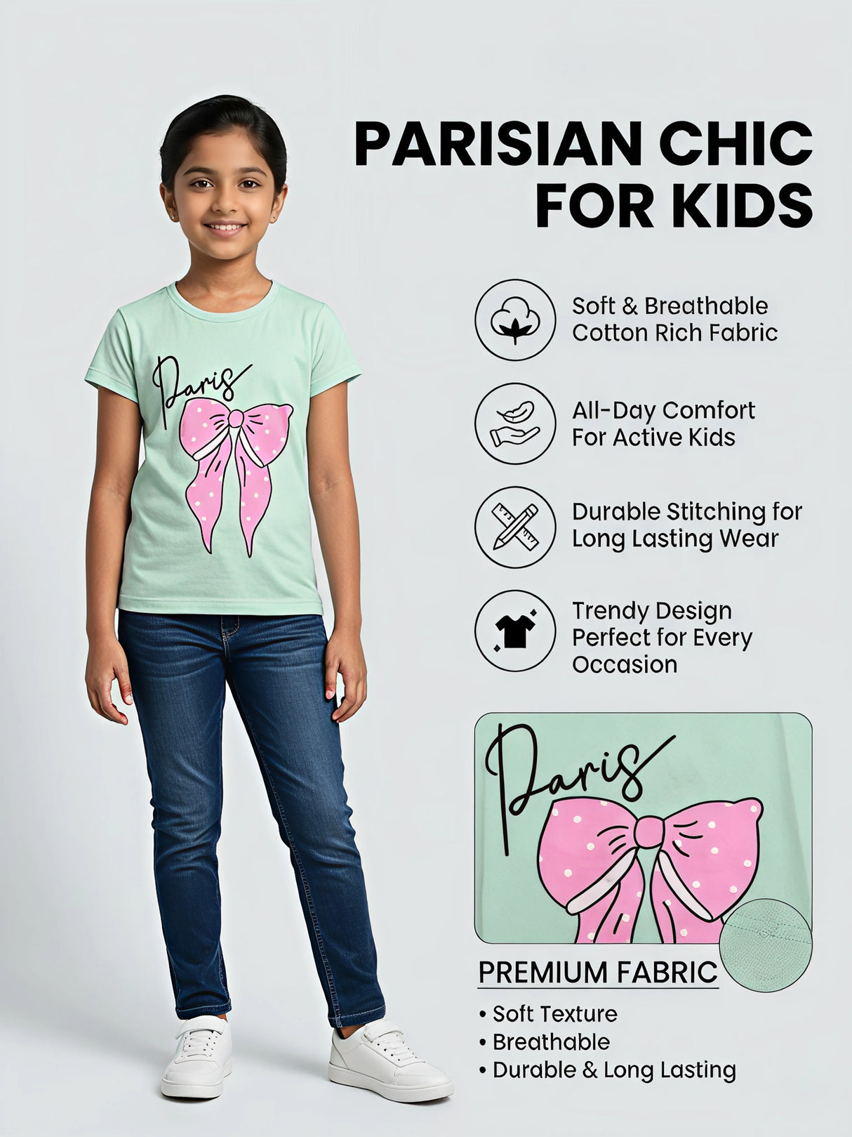 Girls Mint Green Paris Graphic Print Casual Top