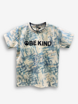 Cream/Off-white boys' short-sleeve T-shirt with an all-over blue abstract brushstroke pattern, featuring a black raised peace sign and the text "BE KIND" on the chest