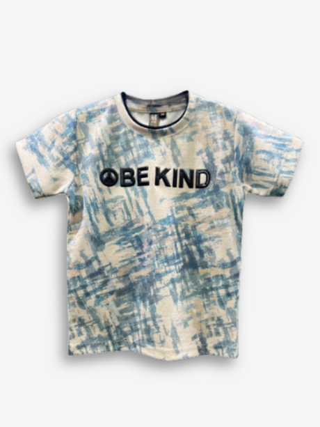 Cream/Off-white boys' short-sleeve T-shirt with an all-over blue abstract brushstroke pattern, featuring a black raised peace sign and the text "BE KIND" on the chest