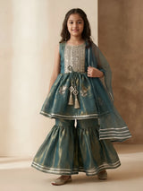 Girls green printed kurta sharara set with dupatta and gota patti work.
