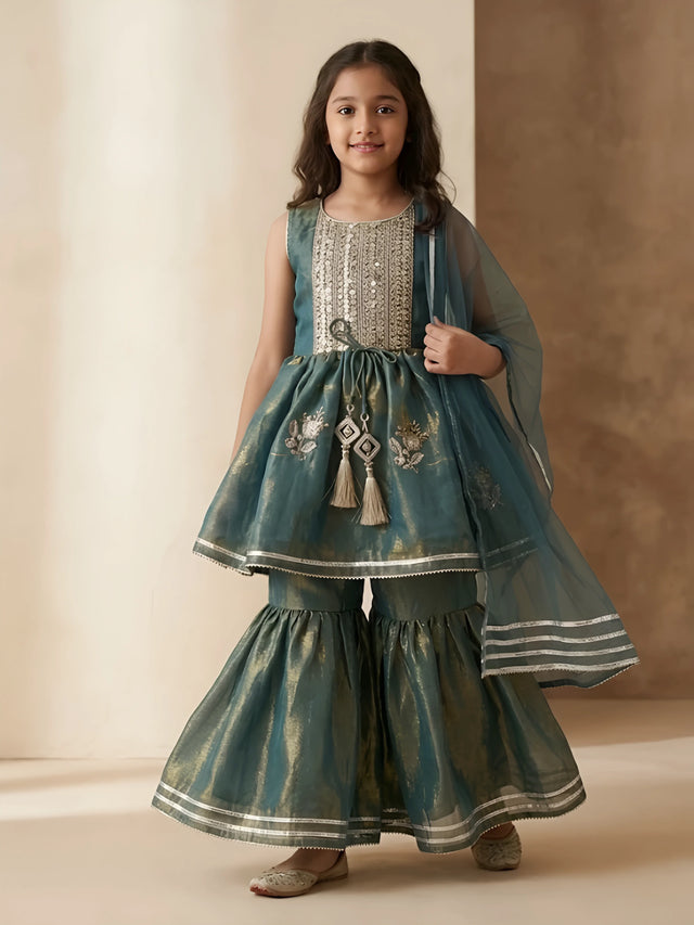Girls green printed kurta sharara set with dupatta and gota patti work.