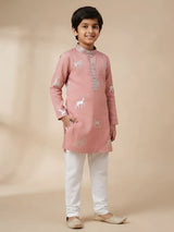 Pink deer print kurta pajama set for boys with white pants.