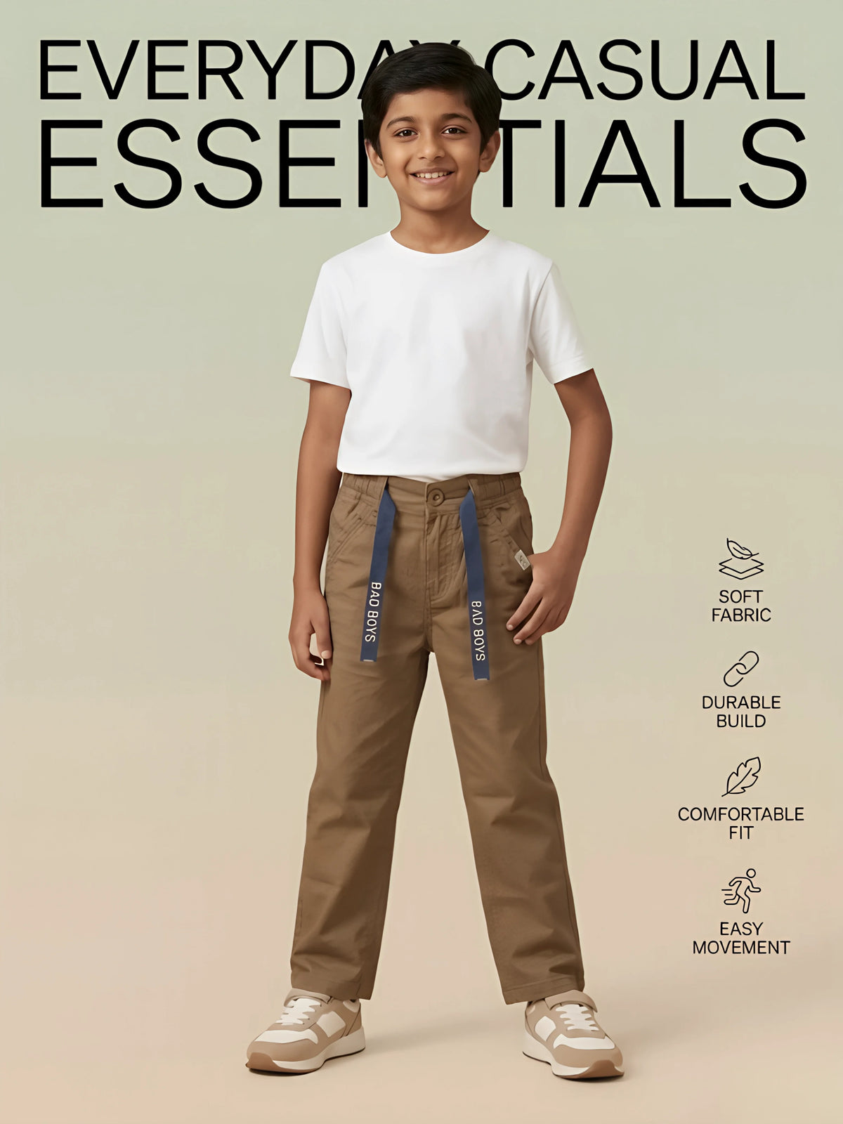 Boys Brown Casual Trousers with Tape Detail