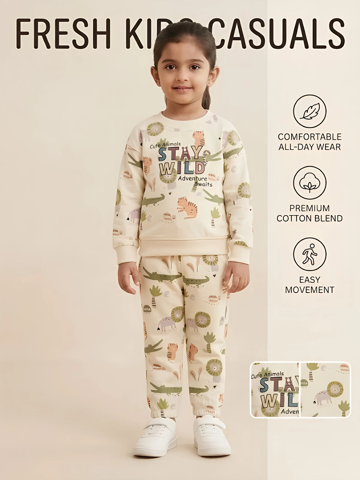 Girls Cream Stay Wild Print Two Piece Clothing Set.