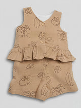 Girls Premium Brown Cotton Muslin Printed Peplum Top and Shorts Set