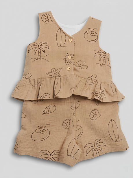 Girls Premium Brown Cotton Muslin Printed Peplum Top and Shorts Set
