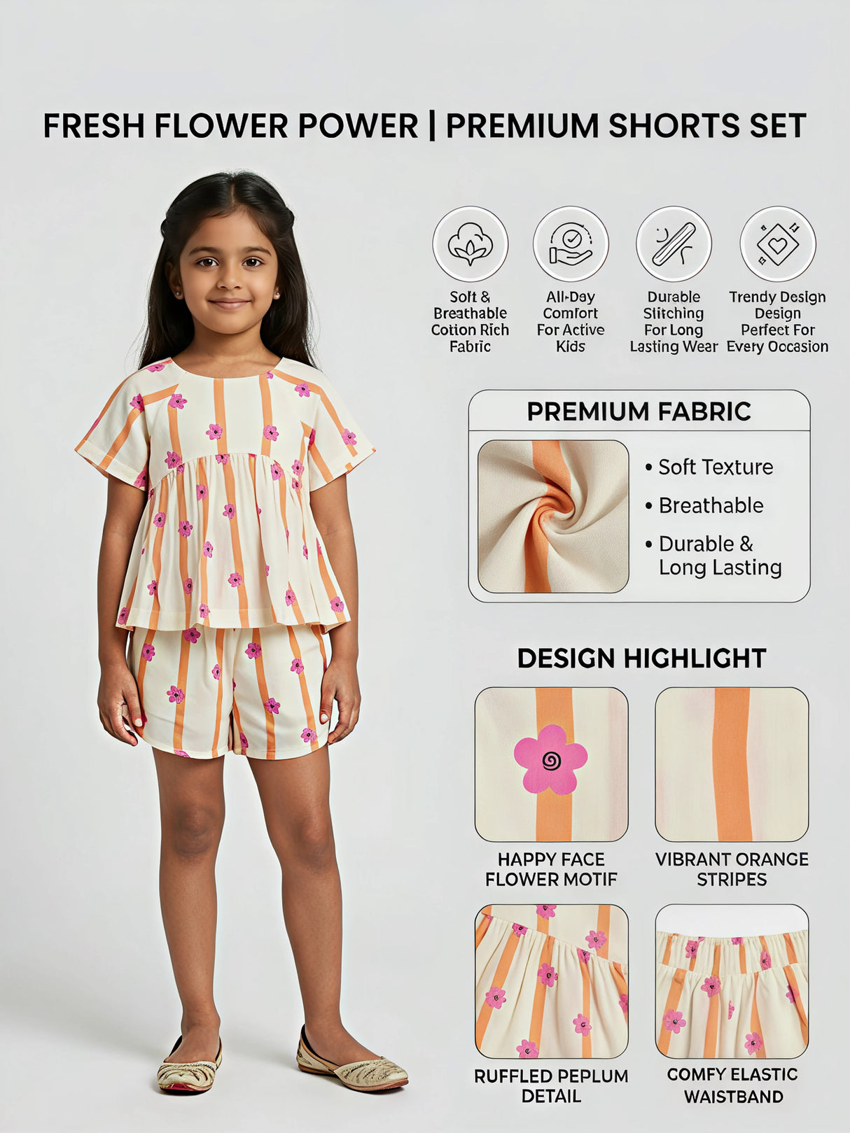 Girls Cream Floral Striped Top & Shorts Set