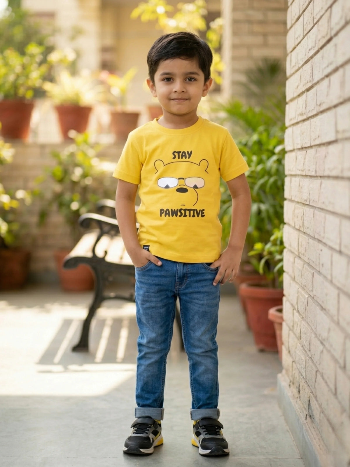 Boys Yellow Stay Pawsitive Bear Graphic T-Shirt