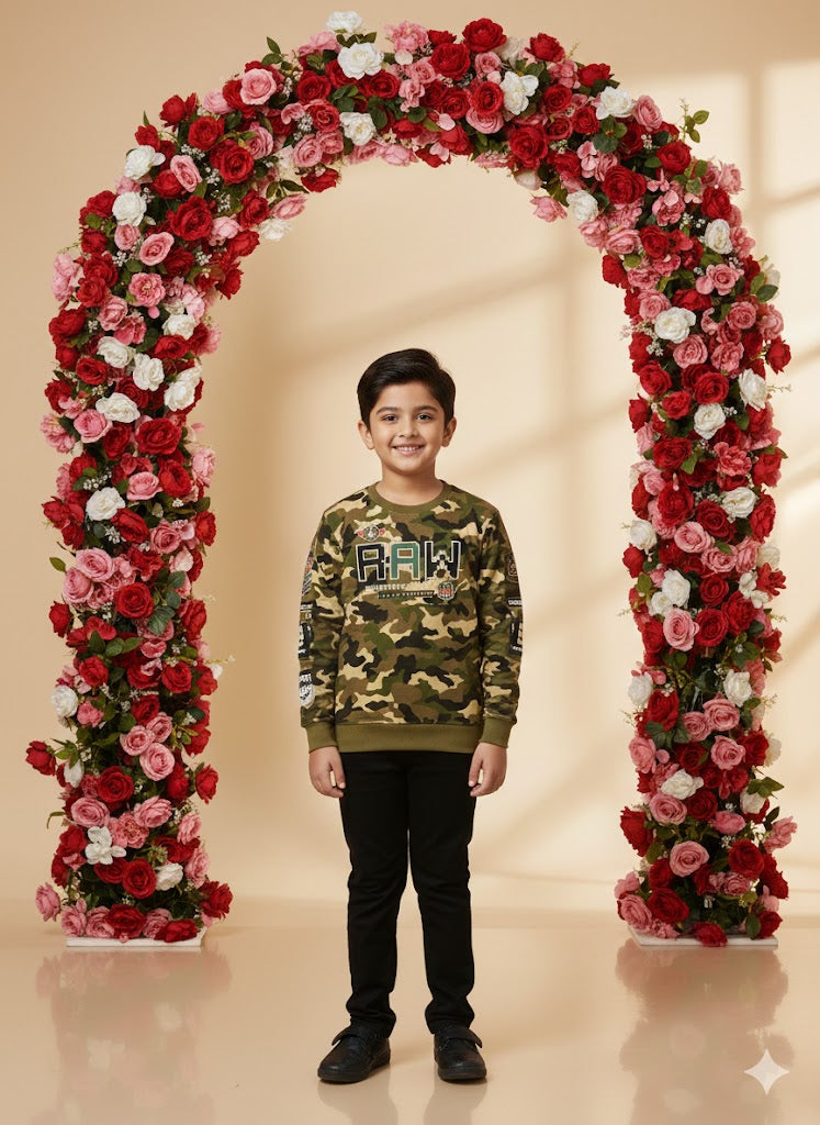 Boys Casual Full Sleeves Printed Round Neck T-Shirt - Khakhi
