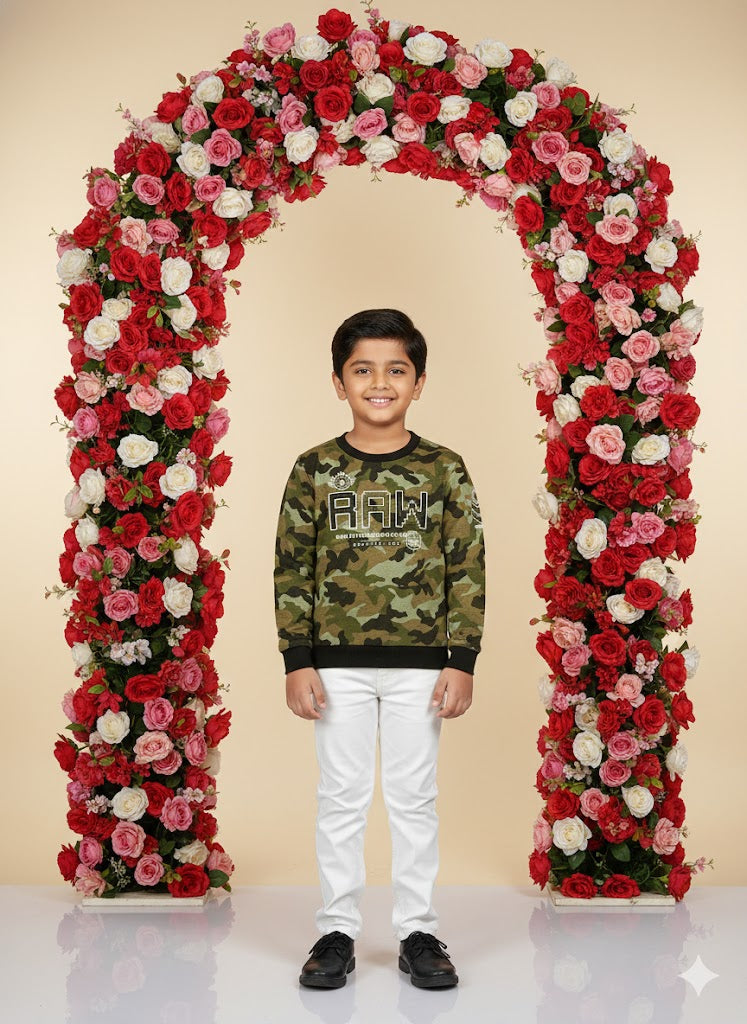 Boys Casual Full Sleeves Printed Round Neck T-Shirt - Green