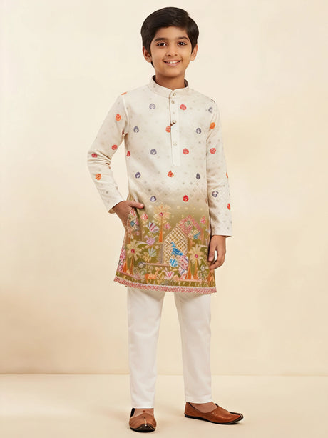 Cream Mughal garden print kurta pajama set for boys