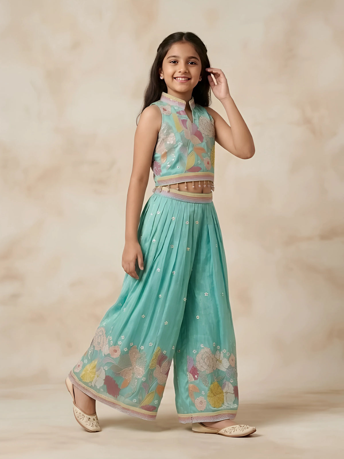 Girls Sea Green Floral Embroidered Palazzo Set