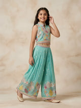 Girls Sea Green Floral Embroidered Palazzo Set
