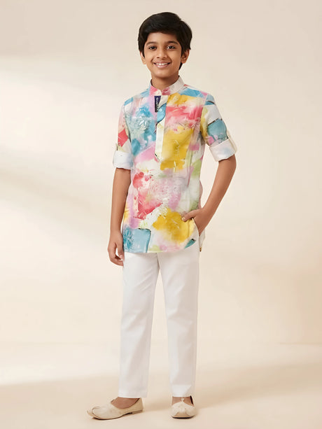 Boys multi abstract print kurta pajama set with white pants.