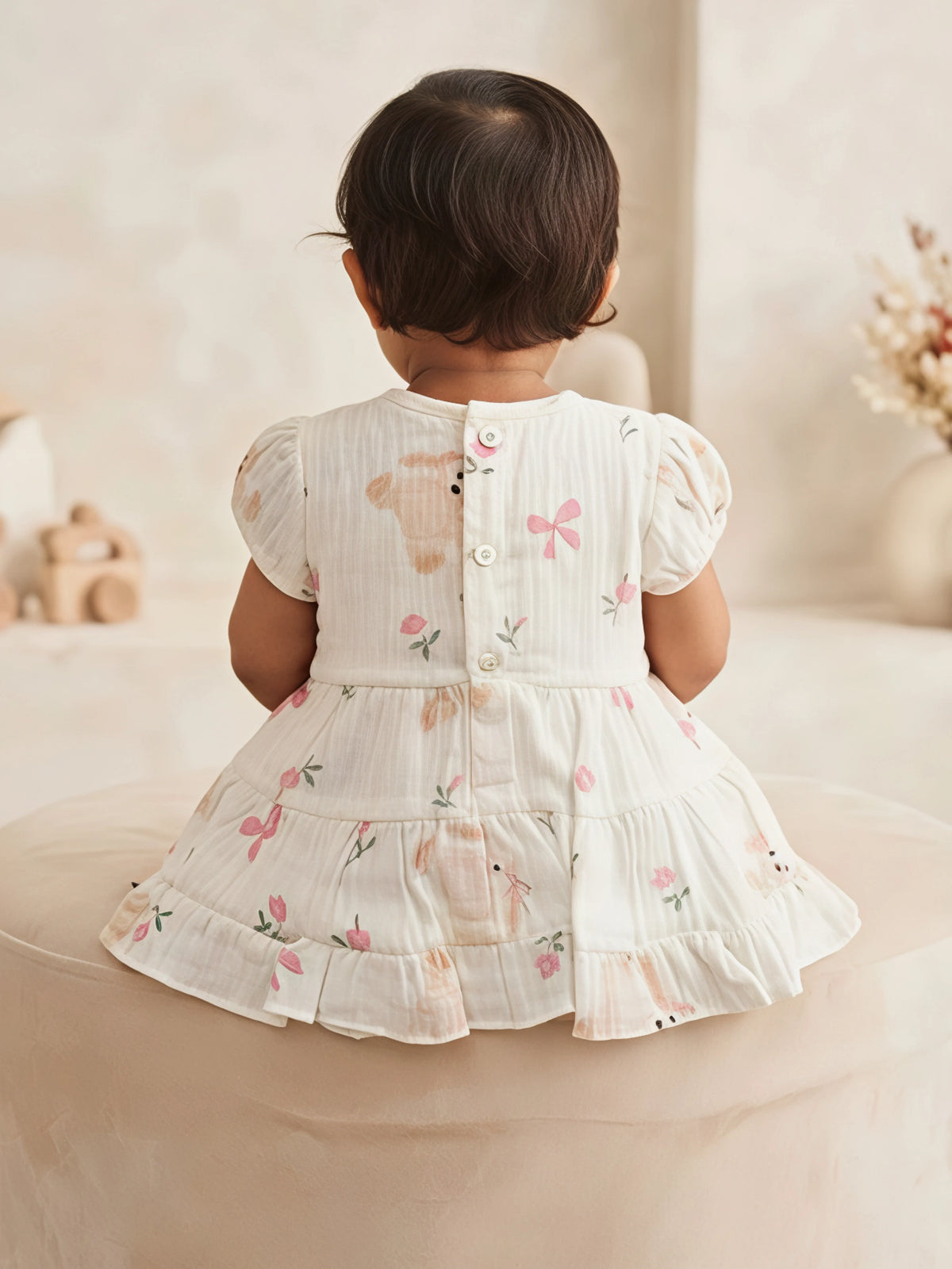 Girls Cream Printed Frock with Bow Waistband....