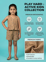 Girls Premium Brown Cotton Muslin Printed Peplum Top and Shorts Set