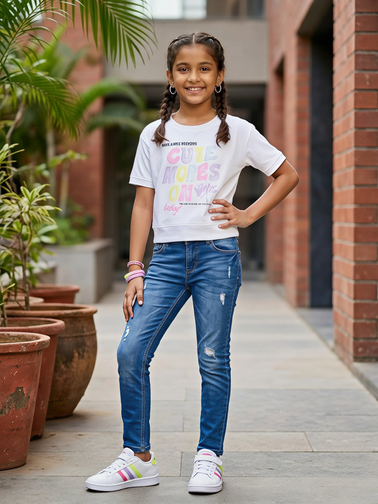 Young girl smiling and posing in a stylish white short-sleeve top with multi-colored pastel graphic text on the front.