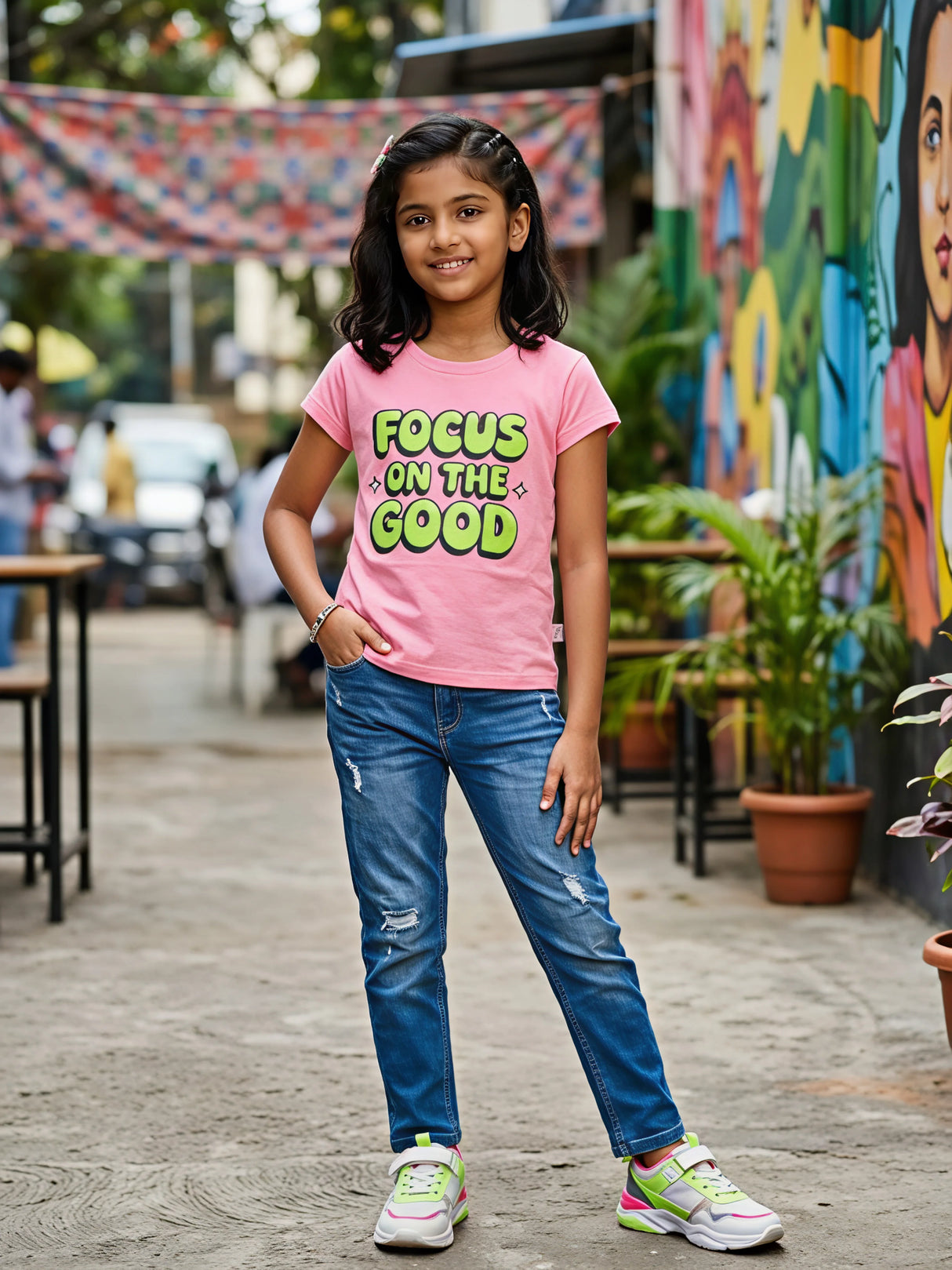 A young girl wearing a pink graphic t-shirt with the text FOCUS ON THE GOOD in green letters, paired with blue distressed jeans.