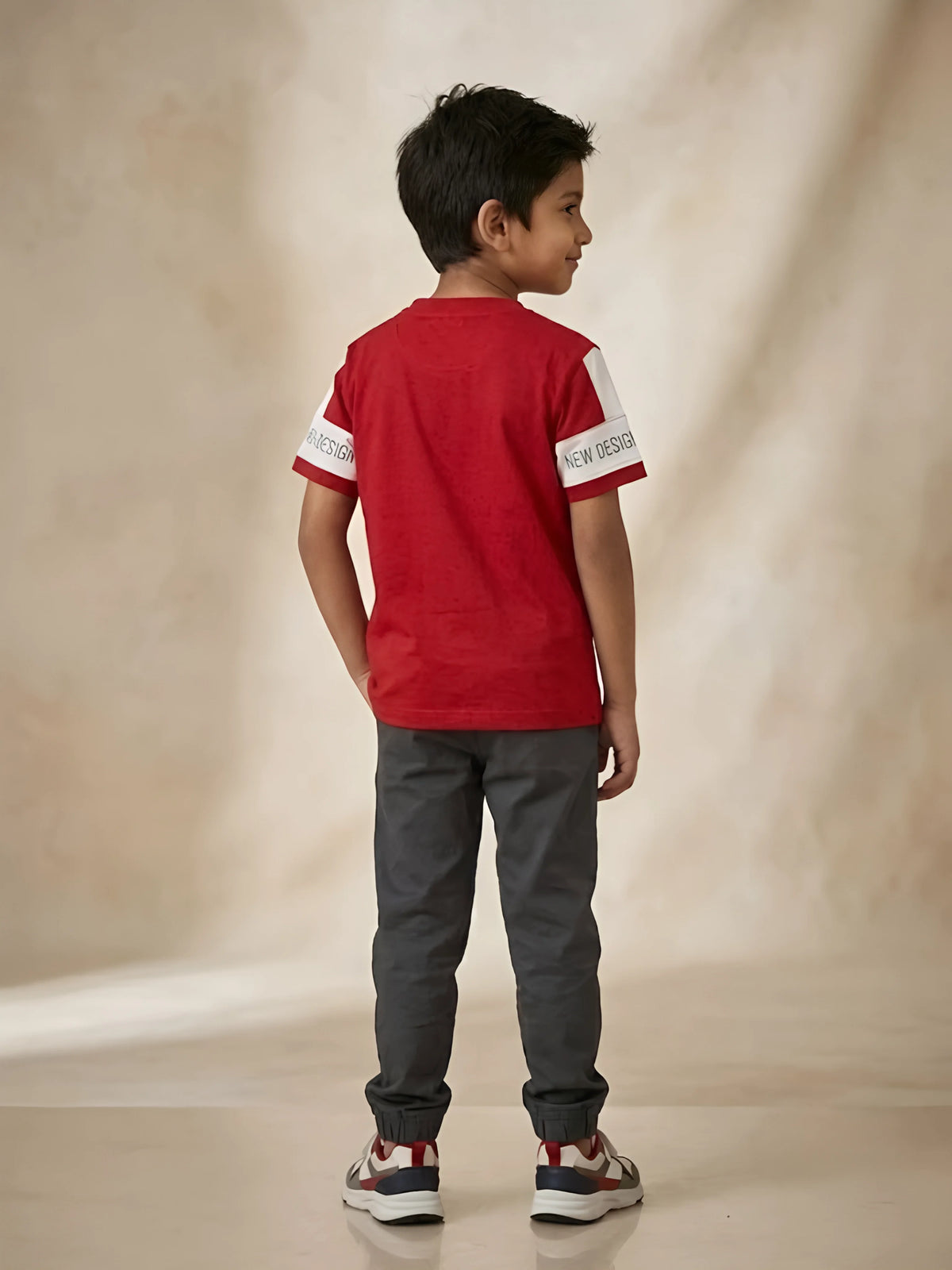 Red Graphic Print Henley T-Shirt with White Sleeve Panels