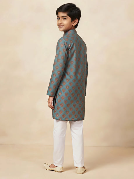 Blue Ethnic Print Kurta Pajama Set for Boys