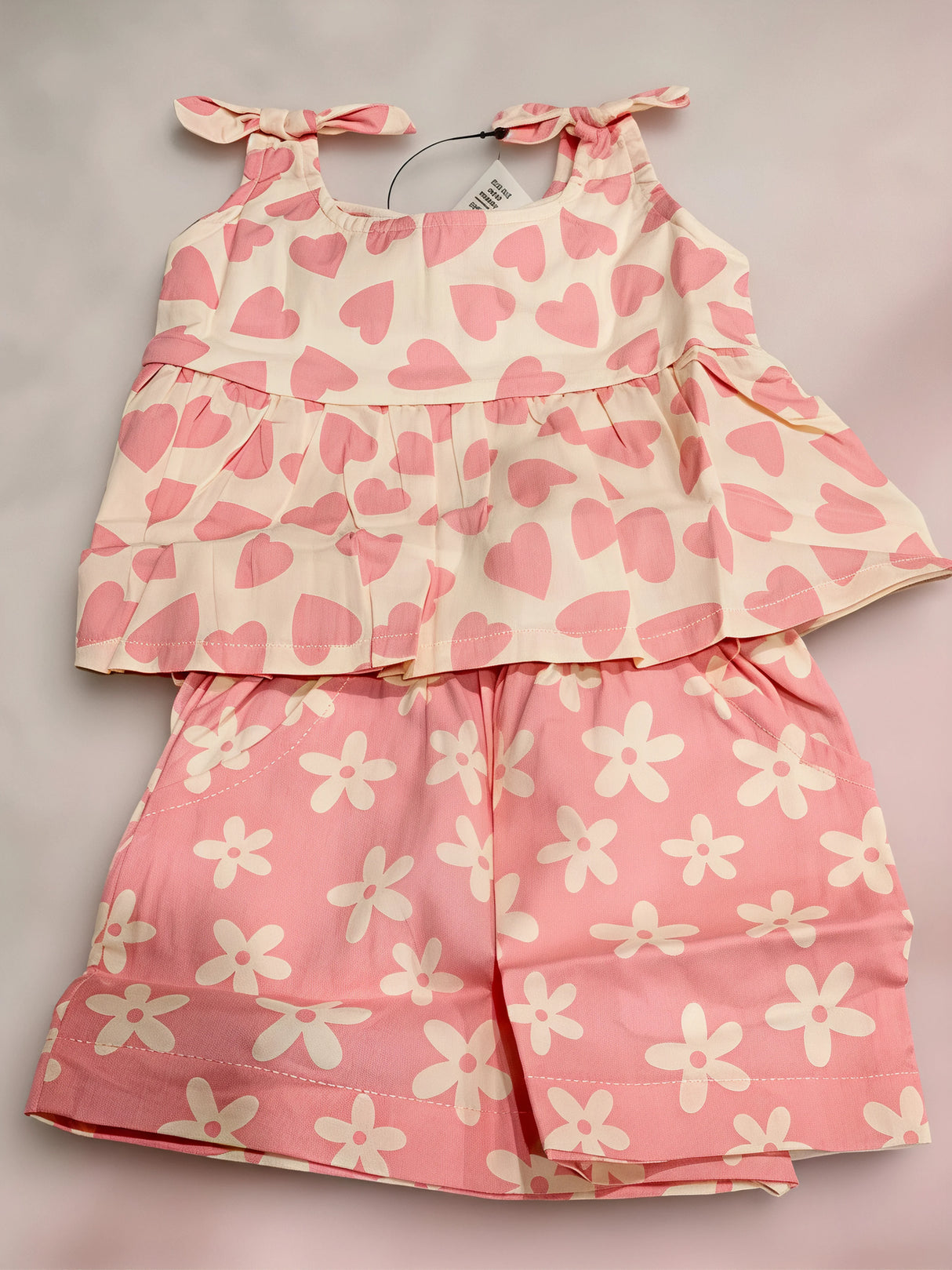 Girls Pink Heart & Floral Printed Shorts Set
