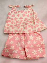 Girls Pink Heart & Floral Printed Shorts Set