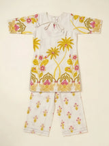 Girls Yellow Printed Kurta Palazzo Dupatta Set.