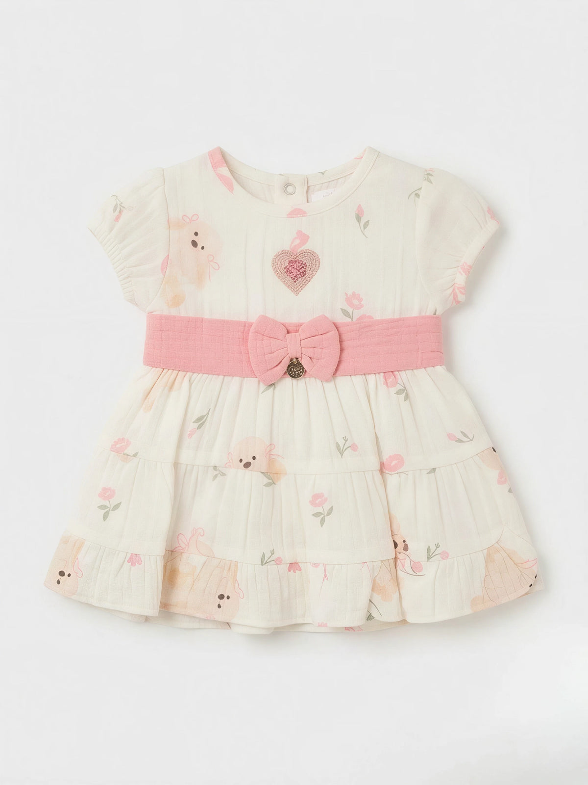 Girls Cream Printed Frock with Bow Waistband....