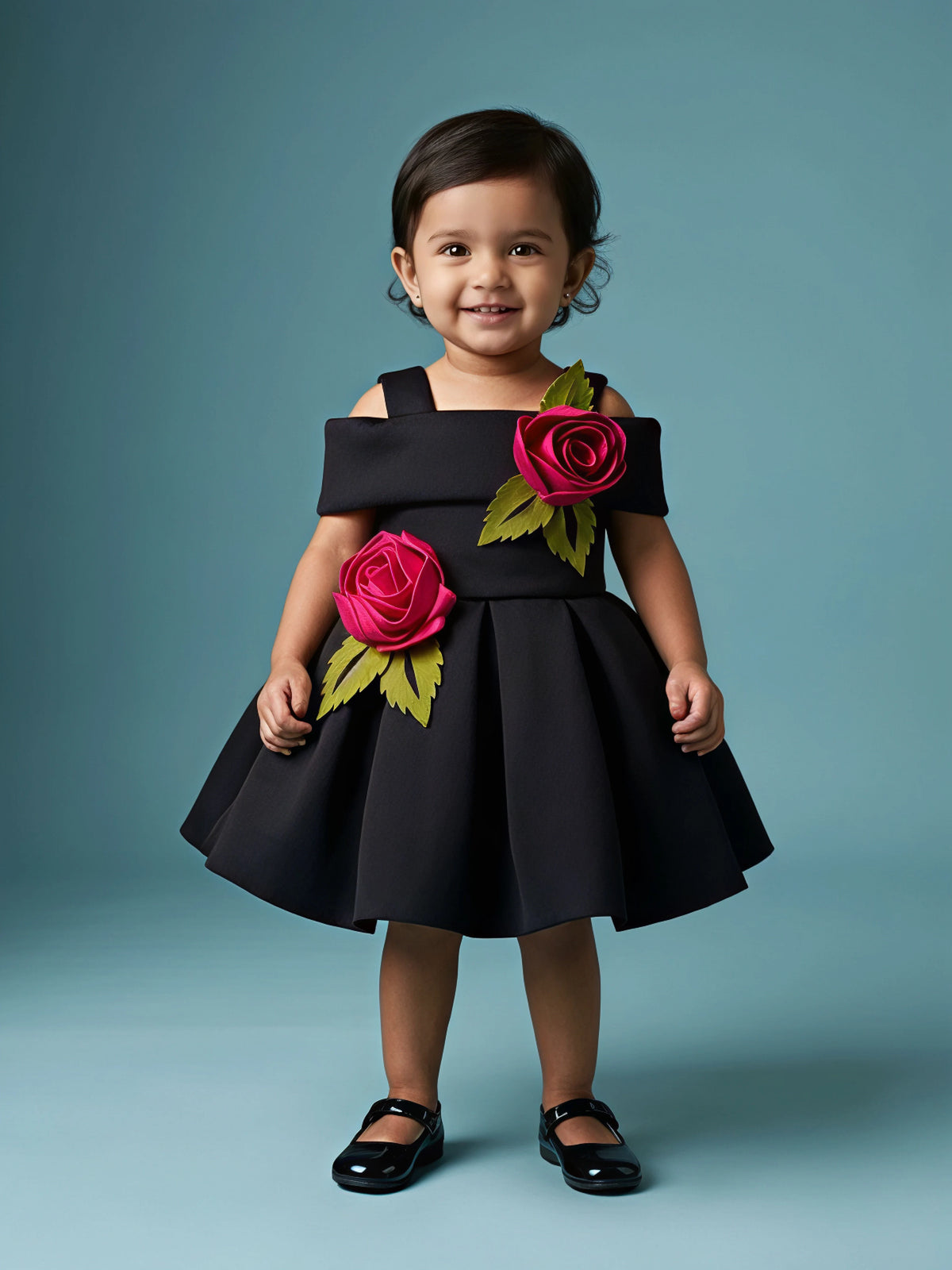 Little girl wearing a black off-shoulder party wear frock decorated with 3D pink roses and green leaves.