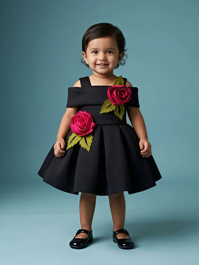 Little girl wearing a black off-shoulder party wear frock decorated with 3D pink roses and green leaves.