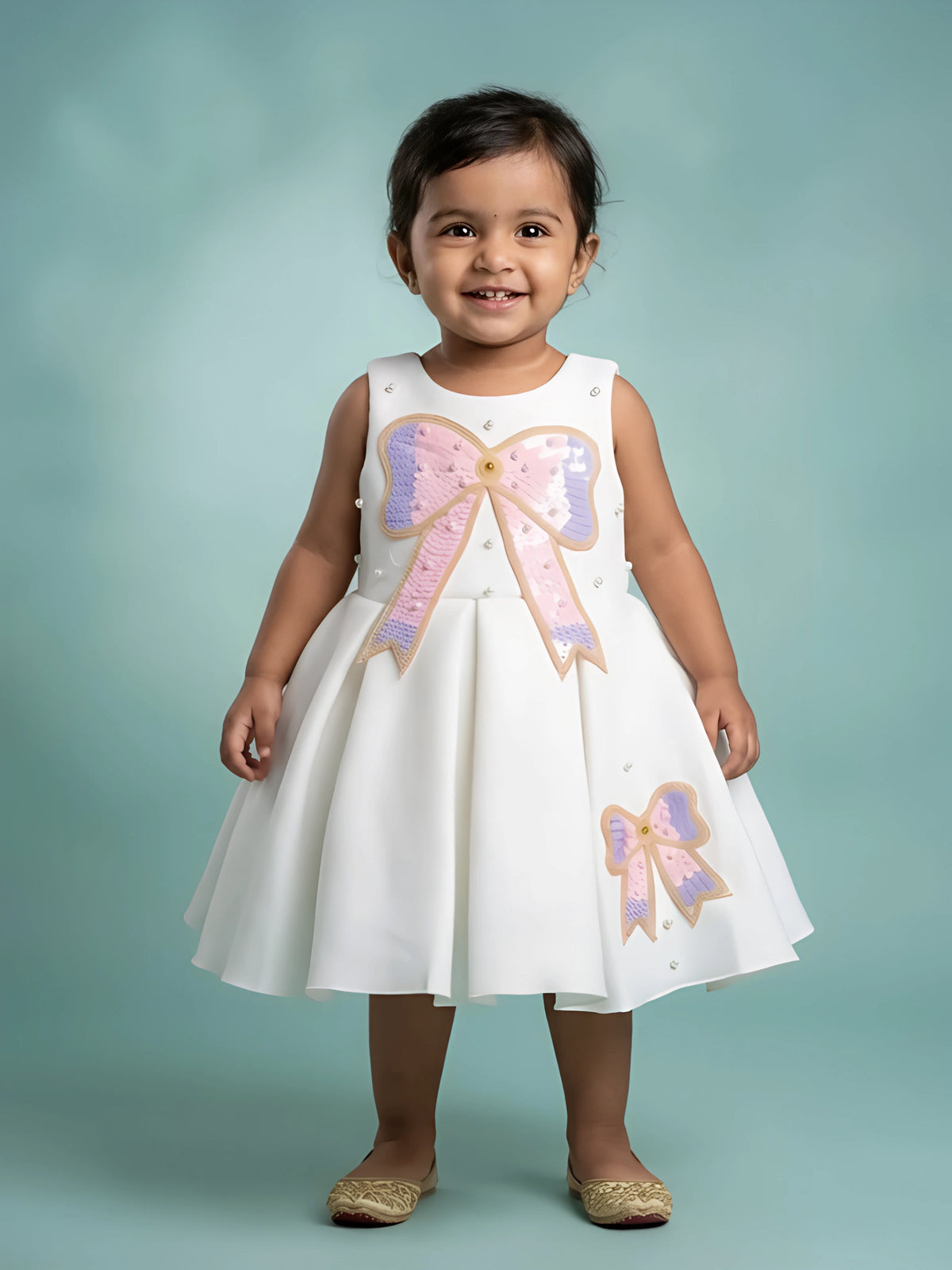 Toddler girl wearing a sleeveless white party wear frock with sequin bow motif and pearl details