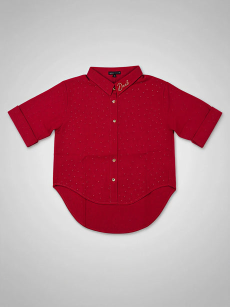 Girls Red Sparkle Collared Shirt - Elegant Casual Wear