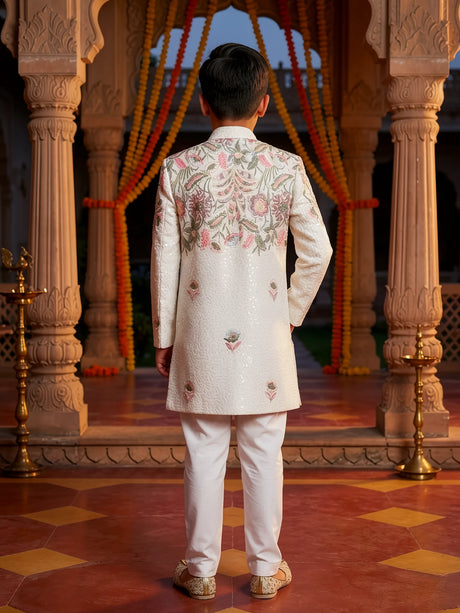 Boys Cream Embroidered Sherwani Set with Trousers