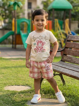 Boys Maroon Bear Print T-Shirt & Checkered Shorts Co-ord Set