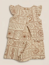 Girls Cream Block Print Shorts Set